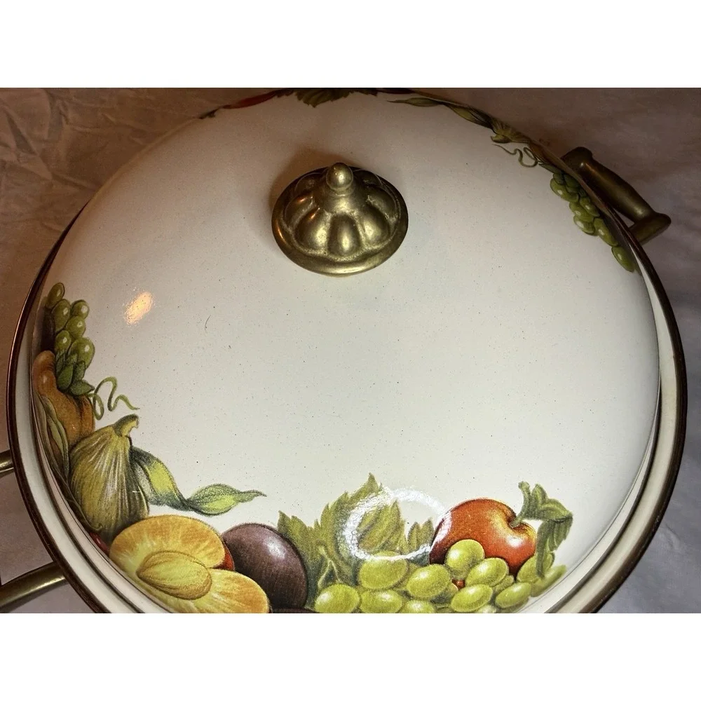 Vintage Enamelware Covered‎ Casserole Dutch Oven Fruit Cornucopia  10.5